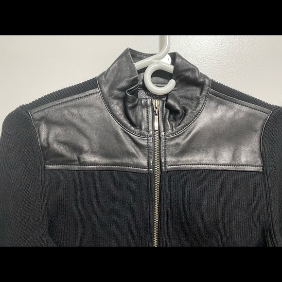 Nordstrom Classiques Entier Black Leather & Knit Zip-up Sweater - Picture 2 of 7